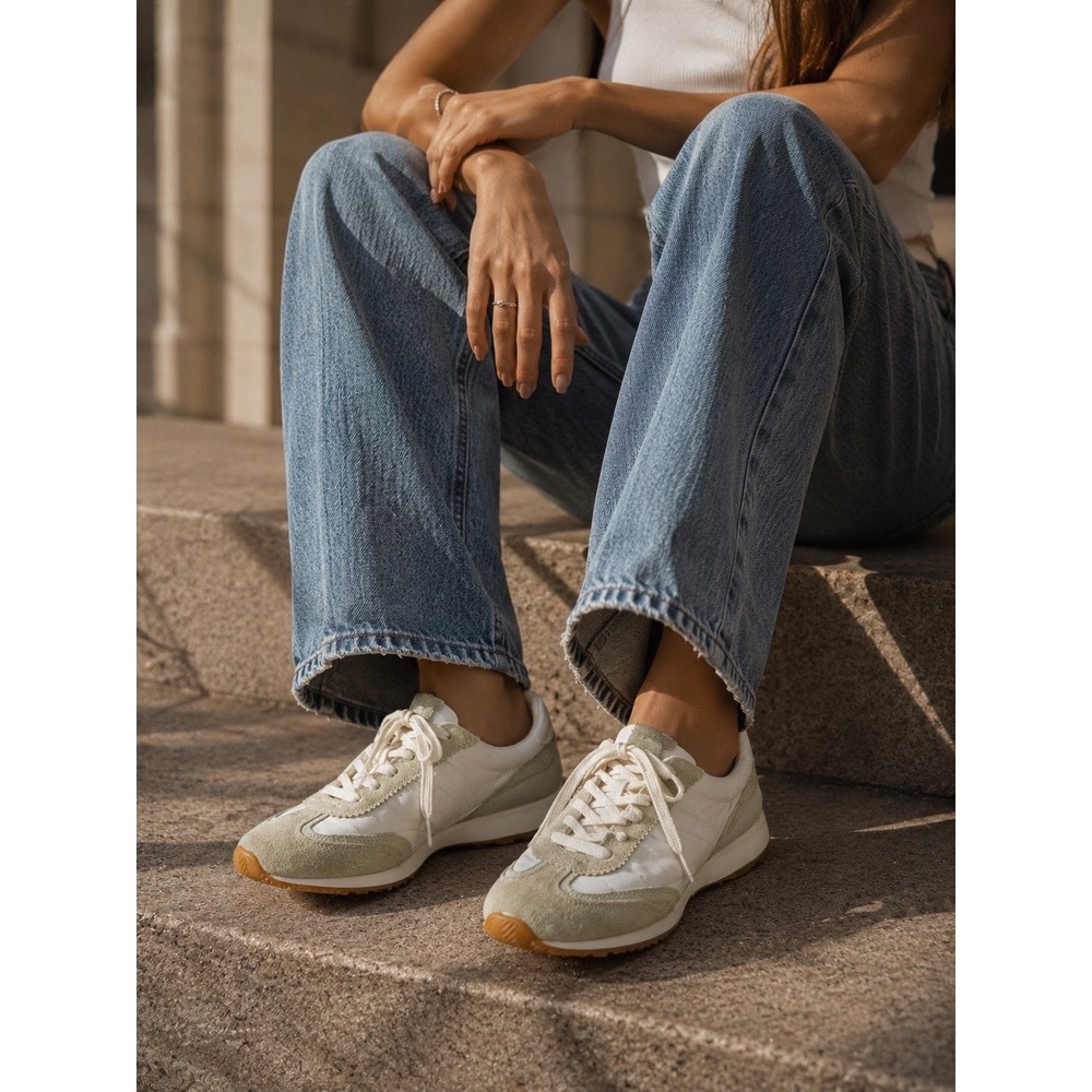 Tory Burch Tory Sneaker White Sage Green Suede Nylon Low Top Trainers Gum Sole